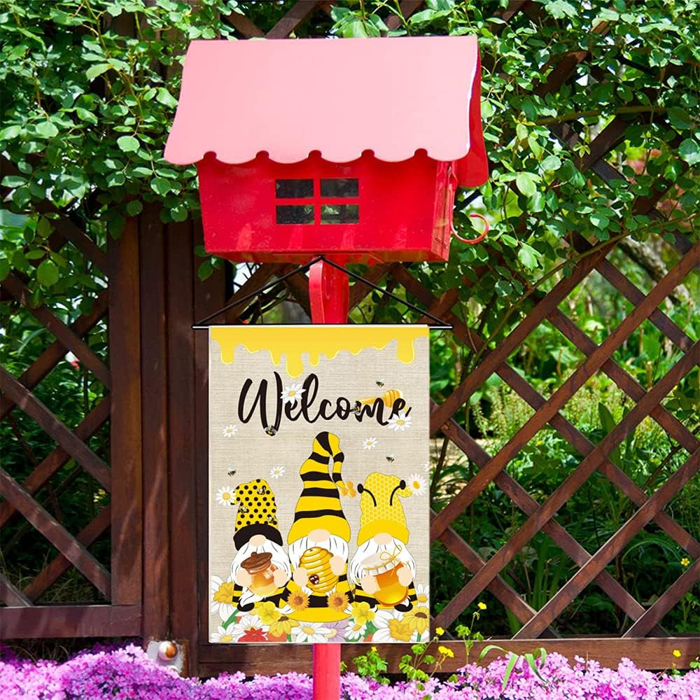 Summer Garden Flags, Gnomes Double Sided Garden Flag Seasonal Welcome Yard Flag Burlap Garden Flag for outside Labor Day Garden Flag for Bee Garden Decor