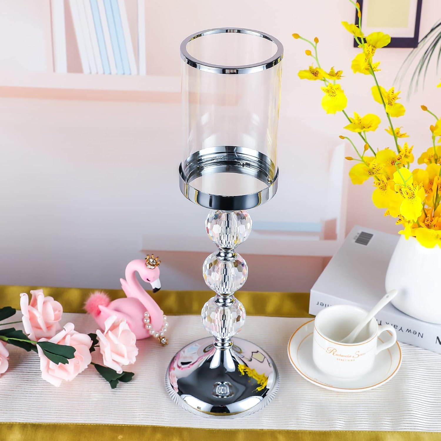 Pillar Candle Holder with Lid,Crystal Candle Holder for Pillar Candle, Candlesticks Holder with 3 Crystal Balls for Coffee Dining Table, Wedding, Christmas, Halloween, Home Decor CH065L