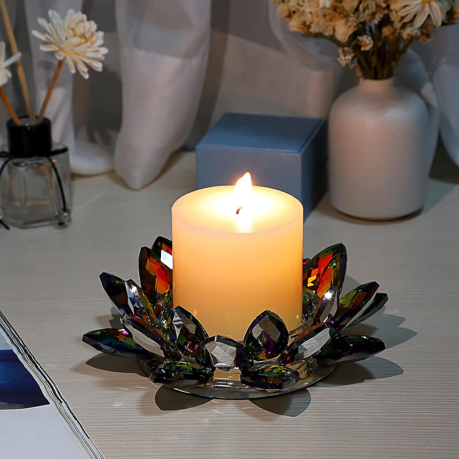 Crystal Lotus Flower Candle Holder for Pillar Candle up to 3", Decorative Glass Lotus Petal Votive Candle Holder Tea Light Holder Candle Stand Candle Lamps for Home Decor Wedding Party, Colorful