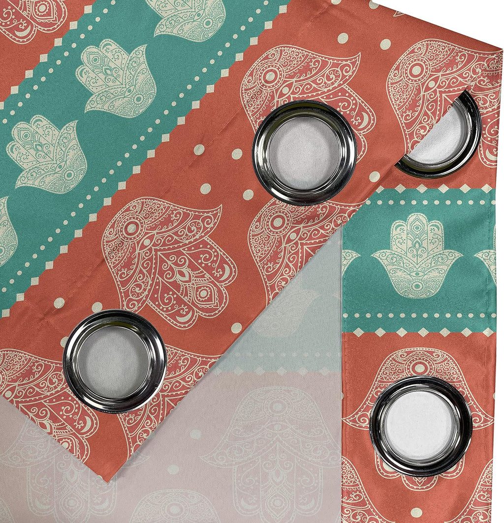 Hamsa Grommet Curtain, Bohemian Style Inspirational Boho Hamsa Hand Illustration Pattern Mandala Art, Decorative 2-Panel Window Drapes for Bedroom Living Room, 50" X 54", Coral Teal