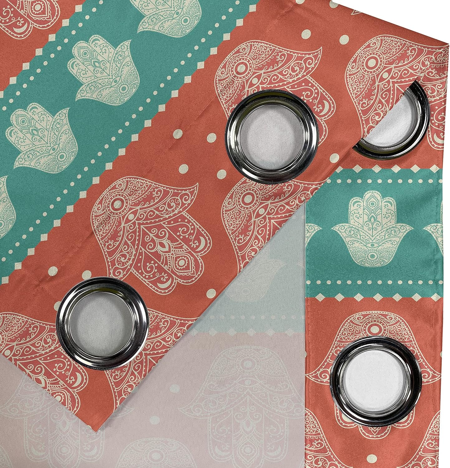 Hamsa Grommet Curtain, Bohemian Style Inspirational Boho Hamsa Hand Illustration Pattern Mandala Art, Decorative 2-Panel Window Drapes for Bedroom Living Room, 50" X 54", Coral Teal