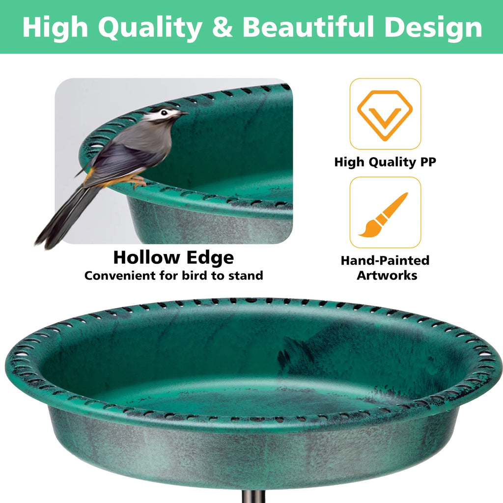 Oval Polyresin Bird Bath Bowl with Metal Stake, 34 Inch Height Outdoor Freestanding Birdfeeder - Green
