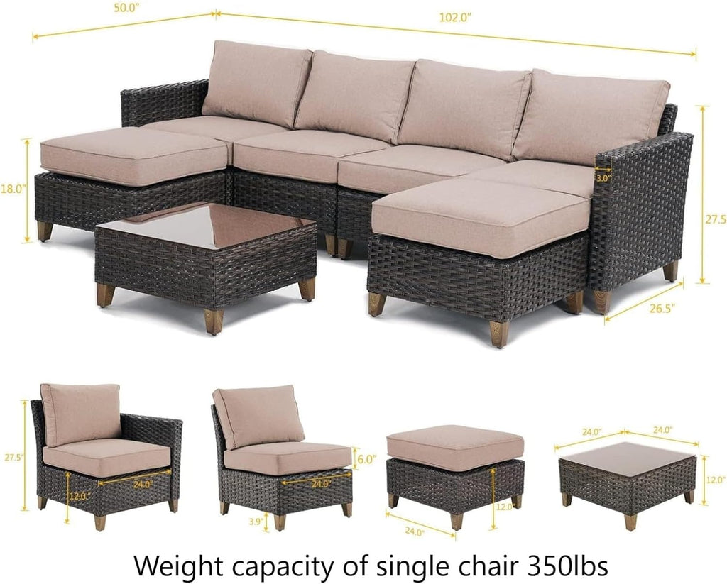 Sofa Sets Outdoor Furniture Sets, Wicker Patio Furniture 7-Piece Sectional Sofa with Thick Olefin Cushions for Yard Garden Porch for Six (Beige Sofa Set for Six, 7 PCS)