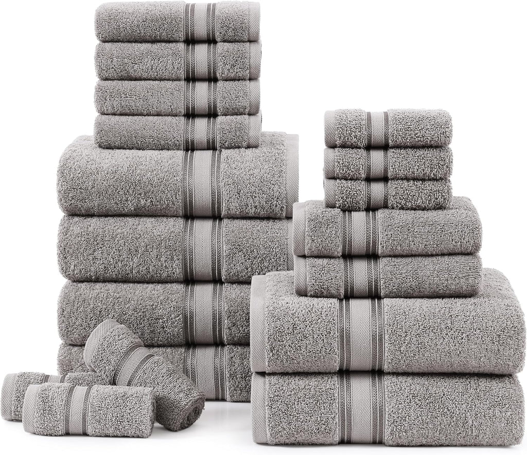 100% Cotton 18 Piece Bath Towel Set - Zero Twist, Quick Dry, Super Soft & Highly Absorbent - 6 Bath, 6 Washcloths, 6 Hand Towels for Bathroom - Hotel Quality Bathroom Towel Set - Grey