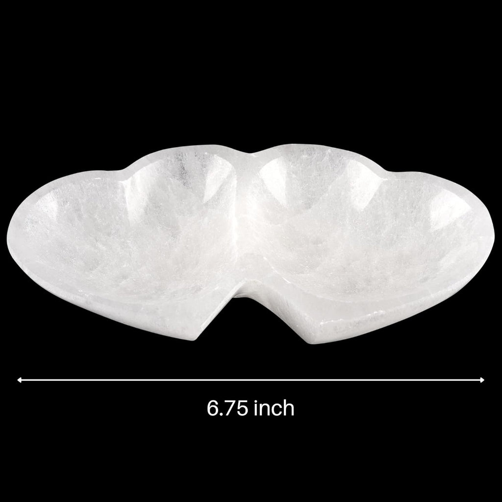 Selenite Twin Heart Bowl for Crystals Charging – Large 6.75” Selenite Crystal Bowl – Mined & Crafted in Morocco – Ideal for Cleansing & Recharging Healing Stones, Meditation, & Décor