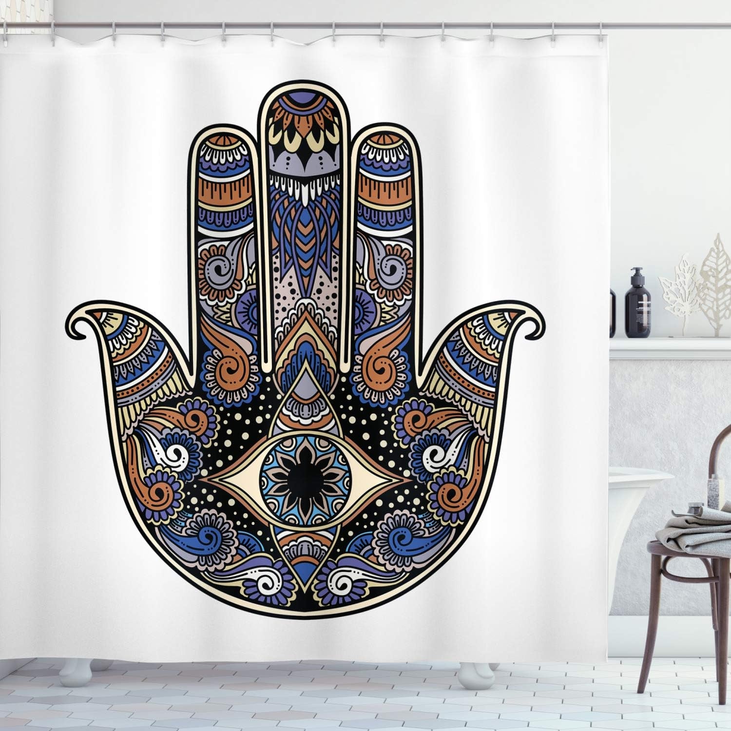 Hamsa Shower Curtain, Hand Drawn Boho Style Vintage Sign with All Seeing-Eye Doodle, Cloth Fabric Bathroom Decor Set With-Hooks, 69" W X 75" L, Blue Caramel