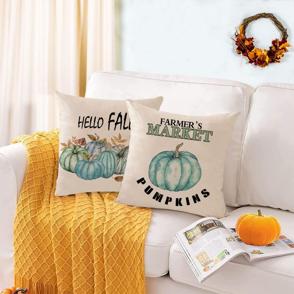 Set of 4 Fall Pillow Covers 16X16 Inch Thanksgiving Throw Pillows Covers Autumn Blue Pumpkins Decorative Cushion Covers Home Outdoor Sofa Couch Pillow Cases for Fall Decorations (16 by 16)