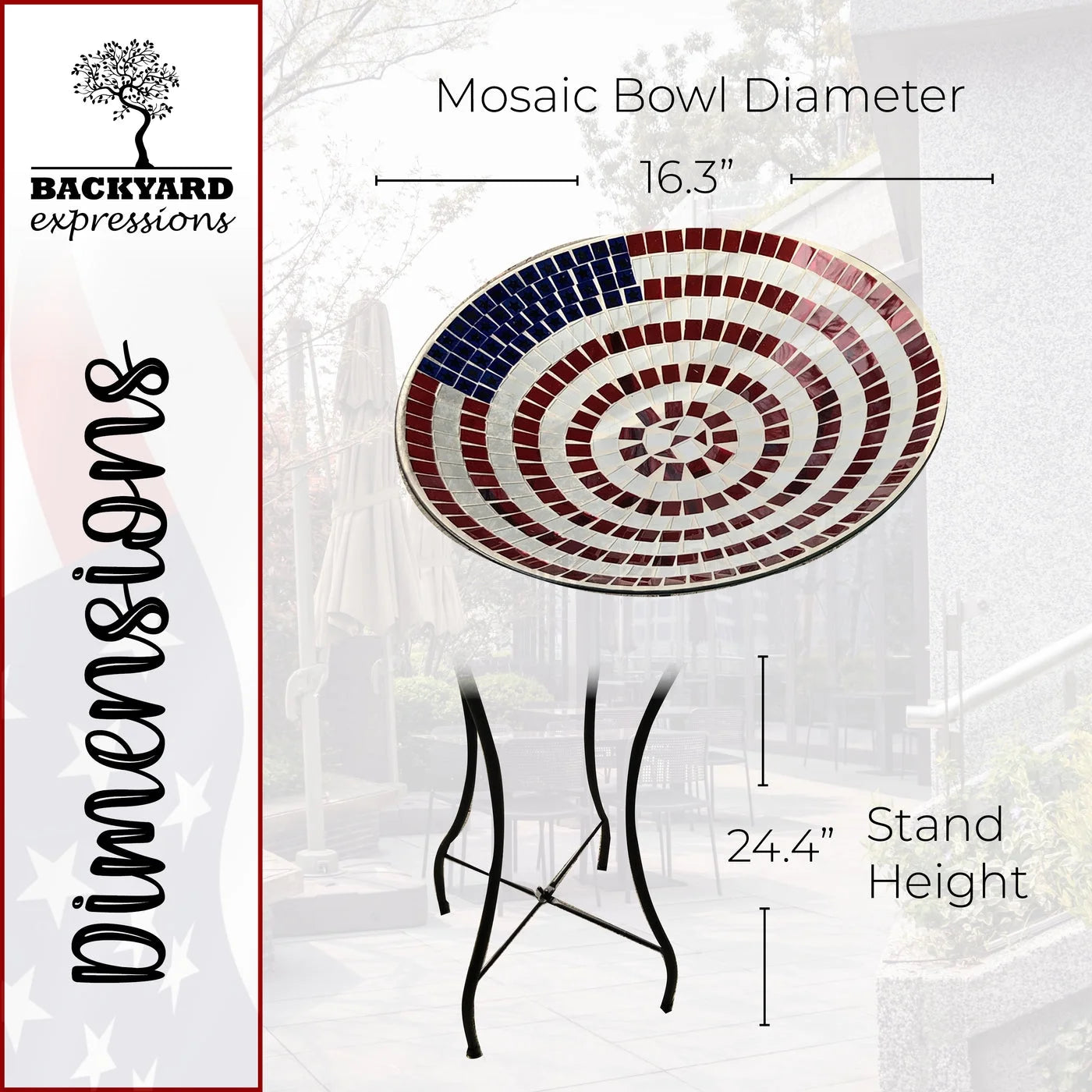 American Flag Mosaic Glass Birdbath with Metal Stand