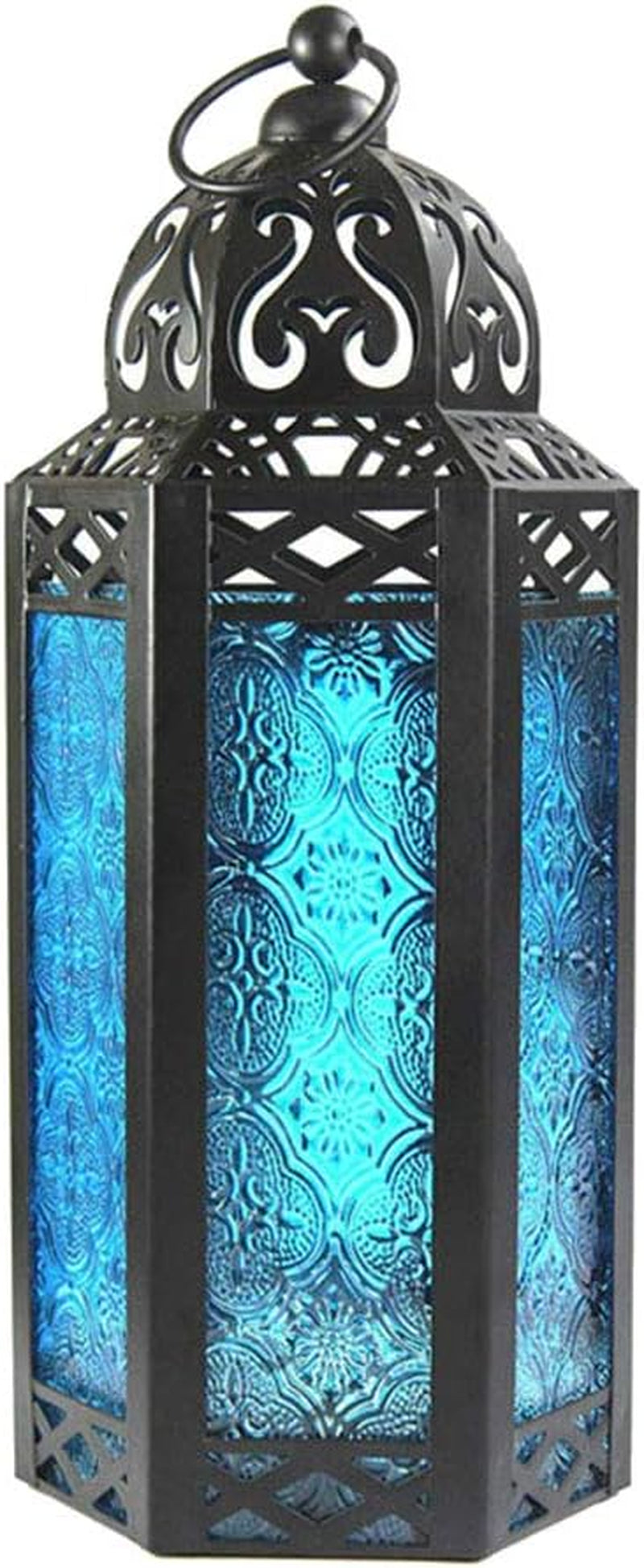 Hanging Lantern, Vintage Wrought Iron Hanging Candle Holder, Candle Holder for Courtyard Table (Blue)