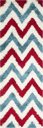 Kids Shag Collection Runner Rug - 2'3" X 7', Ivory & Red, Chevron Design, Non-Shedding & Easy Care, 2-Inch Thick Ideal for High Traffic Areas in Living Room, Bedroom (SGK564B)
