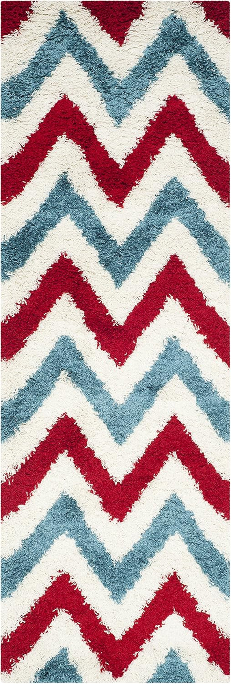 Kids Shag Collection Runner Rug - 2'3" X 7', Ivory & Red, Chevron Design, Non-Shedding & Easy Care, 2-Inch Thick Ideal for High Traffic Areas in Living Room, Bedroom (SGK564B)
