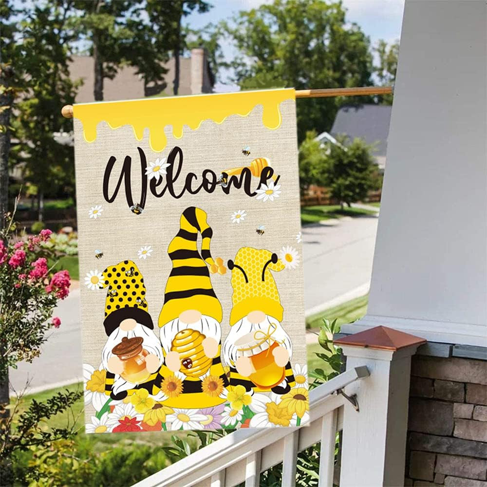 Summer Garden Flags, Gnomes Double Sided Garden Flag Seasonal Welcome Yard Flag Burlap Garden Flag for outside Labor Day Garden Flag for Bee Garden Decor