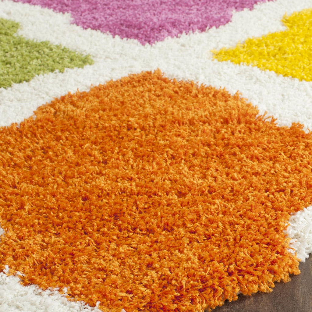 Kids Shag Collection Area Rug - 6'7" Round, Ivory & Multi, Rainbow Trellis Design, Non-Shedding & Easy Care, 2-Inch Thick Ideal for High Traffic Areas in Living Room, Bedroom (SGK562A)