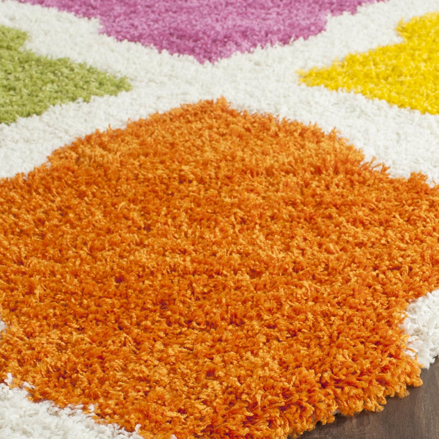 Kids Shag Collection Area Rug - 6'7" Round, Ivory & Multi, Rainbow Trellis Design, Non-Shedding & Easy Care, 2-Inch Thick Ideal for High Traffic Areas in Living Room, Bedroom (SGK562A)