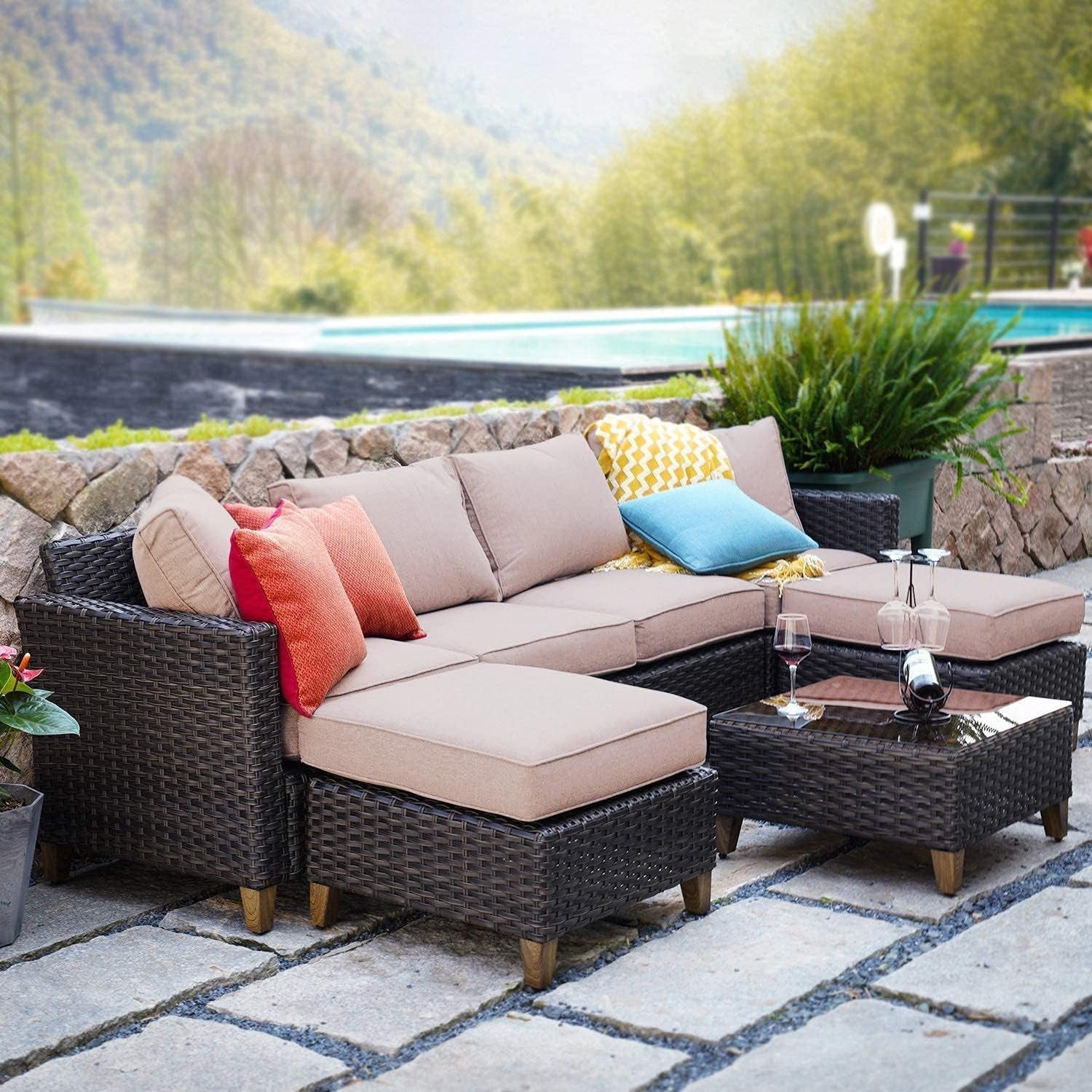 Sofa Sets Outdoor Furniture Sets, Wicker Patio Furniture 7-Piece Sectional Sofa with Thick Olefin Cushions for Yard Garden Porch for Six (Beige Sofa Set for Six, 7 PCS)