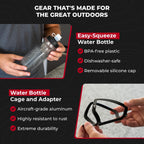 Bike Water Bottle Holder Combo - 20 Oz Squeeze Bottle & Bicycle Mount Cage Rack, No Screws Needed, Durable Alloy - Fits All Handlebar Bikes & MTB Mountain Road - for Adults, Kids (Black)