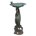 Cast Aluminum 30 In. Twin Crane Copper Patina Bird Bath with Leaf Bowl