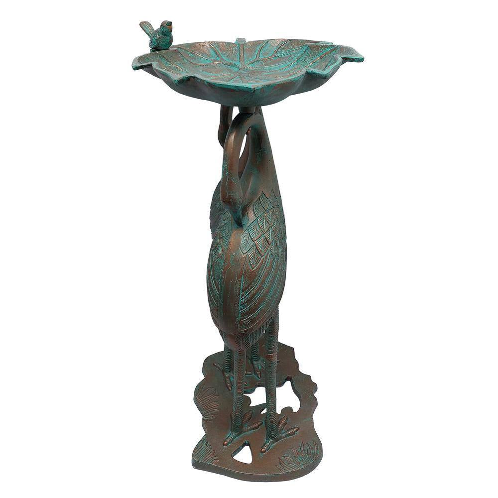 Cast Aluminum 30 In. Twin Crane Copper Patina Bird Bath with Leaf Bowl
