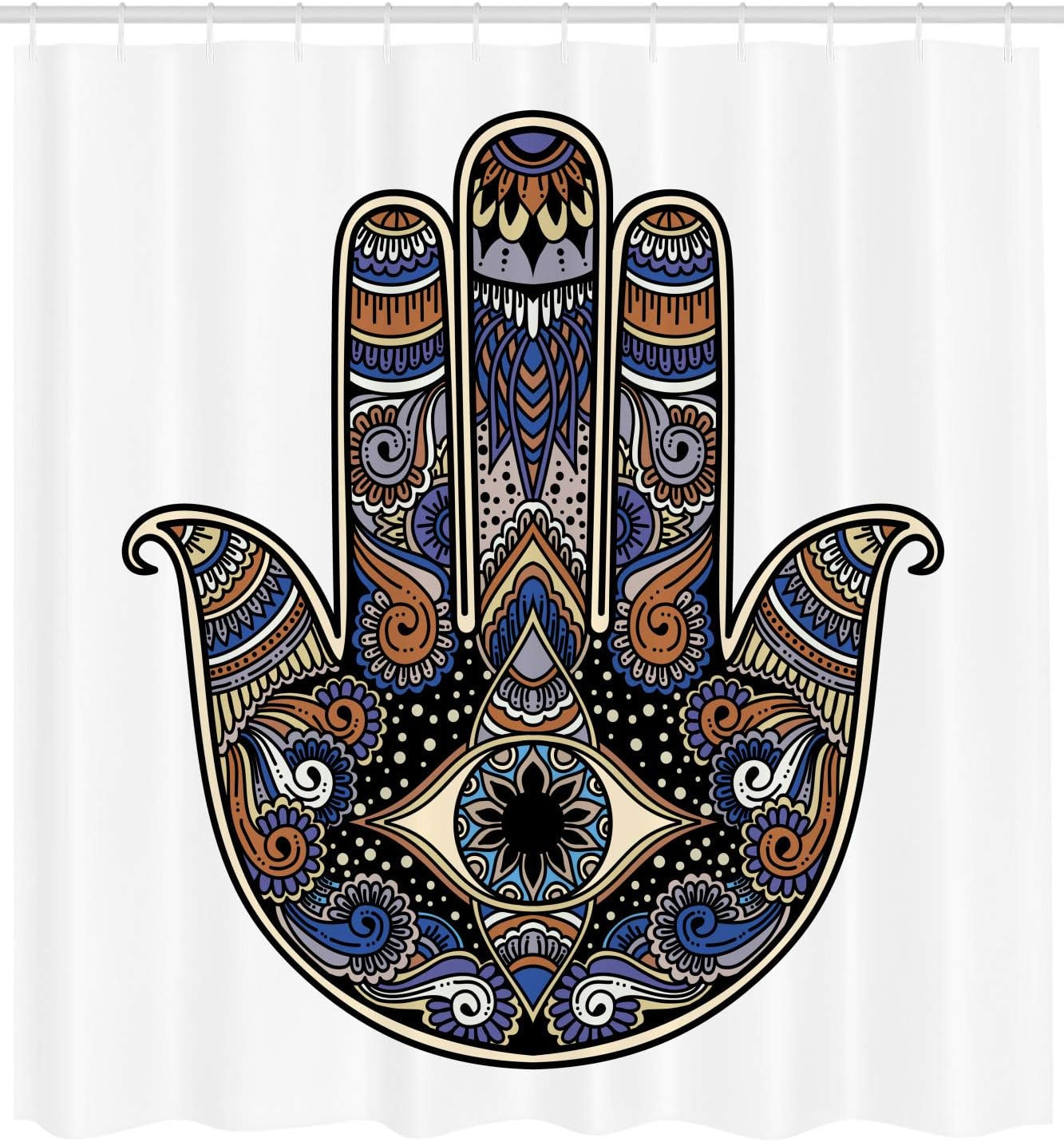 Hamsa Shower Curtain, Hand Drawn Boho Style Vintage Sign with All Seeing-Eye Doodle, Cloth Fabric Bathroom Decor Set With-Hooks, 69" W X 75" L, Blue Caramel