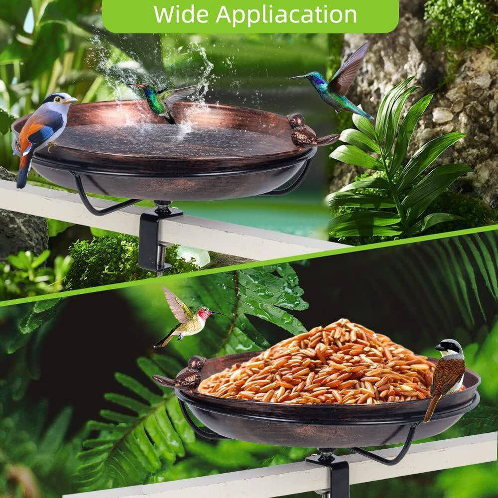 12 In. Metal Deck Mounted Bird Bath with Adjustable Sturdy Clamp for Outdoor Garden Balcony Patio Decoration