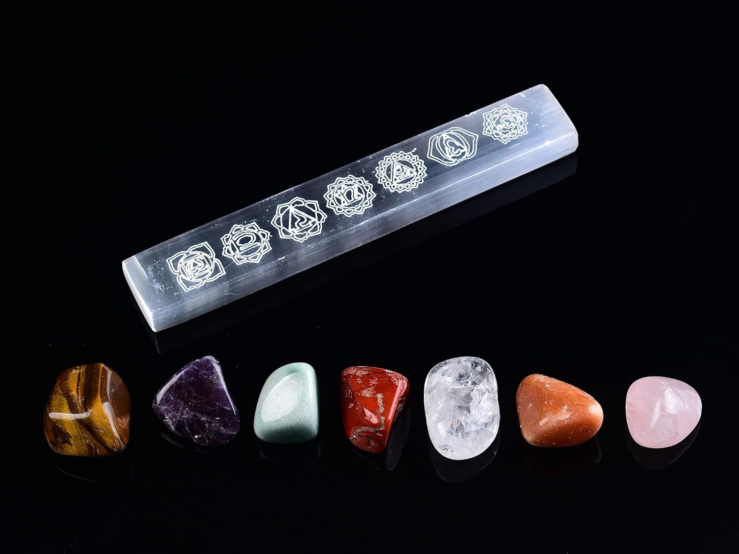 6" Selenite Ruler 7 Chakra Engraved Selenite Charging Slab Chakra Stones Set