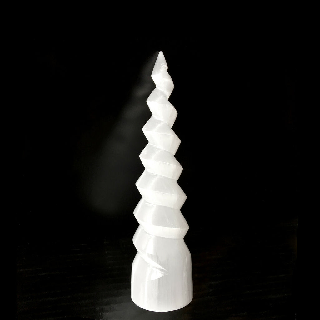 XL Selenite Tower Crystal Spiral Energy Wand 8" Point Cleanse Reiki CHARGE Heal
