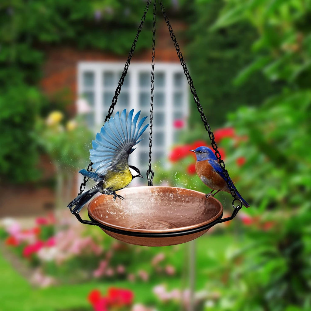 Pure Copper Hand Hammered Hanging Bird Bath and Feeder W/ Iron Chain, 17-Inch Detachable Iron Chain Outdoor Birdbath and Birdfeeder for Garden Backyard Patio & Deck, Bird Water Feeder