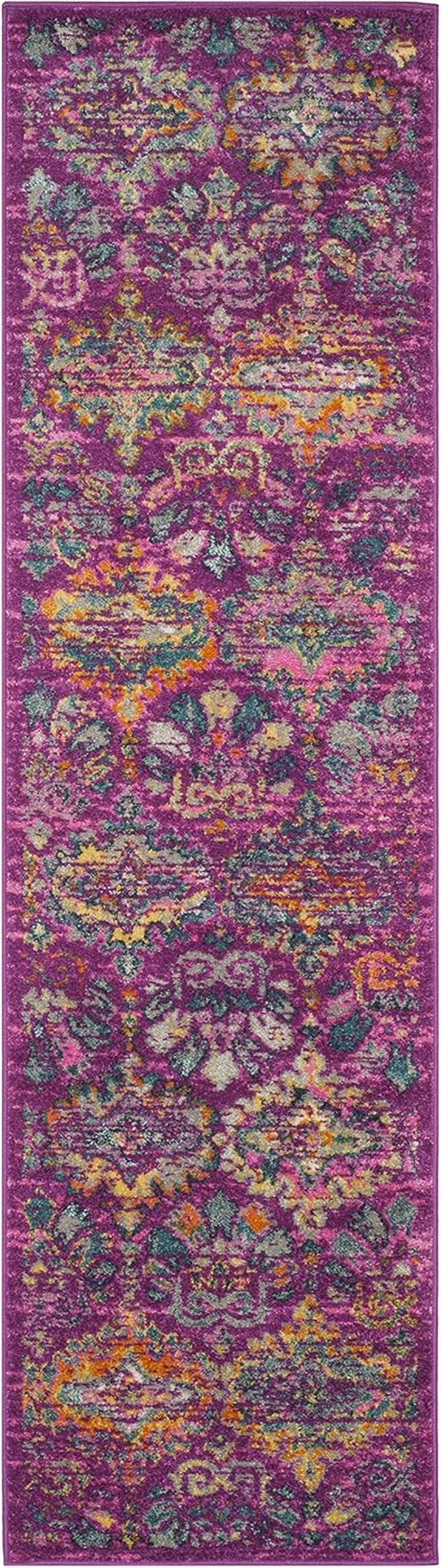 Madison Collection Runner Rug - 2'3" X 8', Fuchsia & Blue, Boho Chic Damask Design, Non-Shedding & Easy Care, Ideal for High Traffic Areas in Living Room, Bedroom (MAD144F)