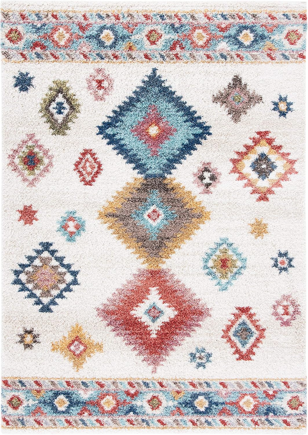 Calista Shag Collection Accent Rug - 4'5" X 6'5", Ivory & Blue, Boho Design, Non-Shedding & Easy Care, 1-Inch Thick Ideal for High Traffic Areas in Entryway, Living Room, Bedroom (CAL142A)