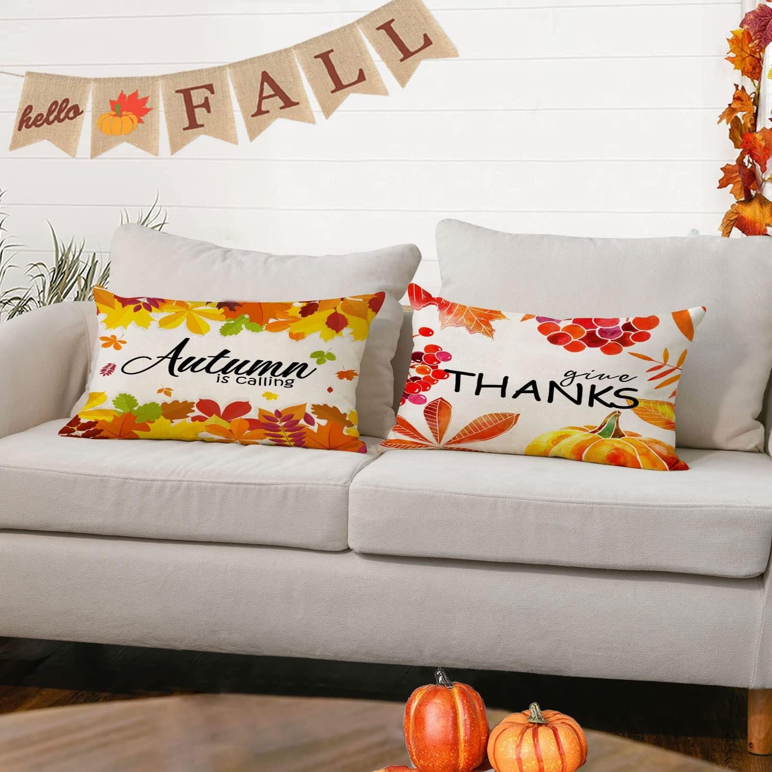 Set of 4 Fall Pillow Covers 12X20 Inch Thanksgiving Decor Throw Pillows Autumn Pumpkins Leaves Decorative Home Outdoor Sofa Couch Lumbar Cases for Decorations (12 by 20) Y-Fall 08 12*20