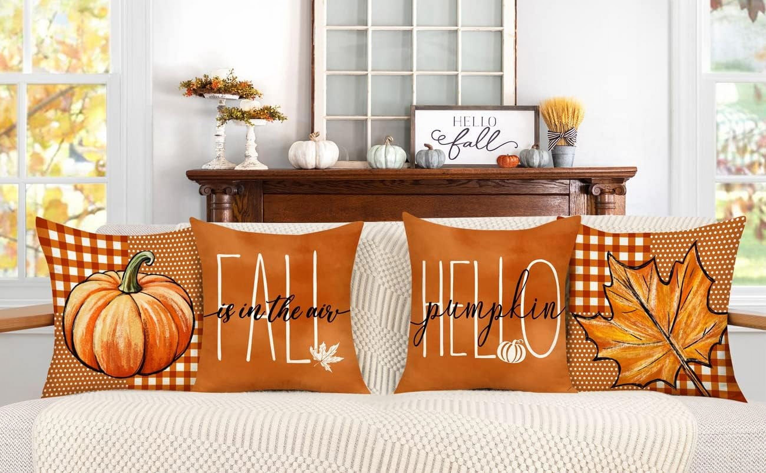 Fall Decor Pillow Covers 18X18 Set of 4 Thanksgiving Buffalo Check Farmhouse Decorations Dot Orange Pumpkin Maple Leaves Outdoor Decorative Throw Cushion Case for Home Couch