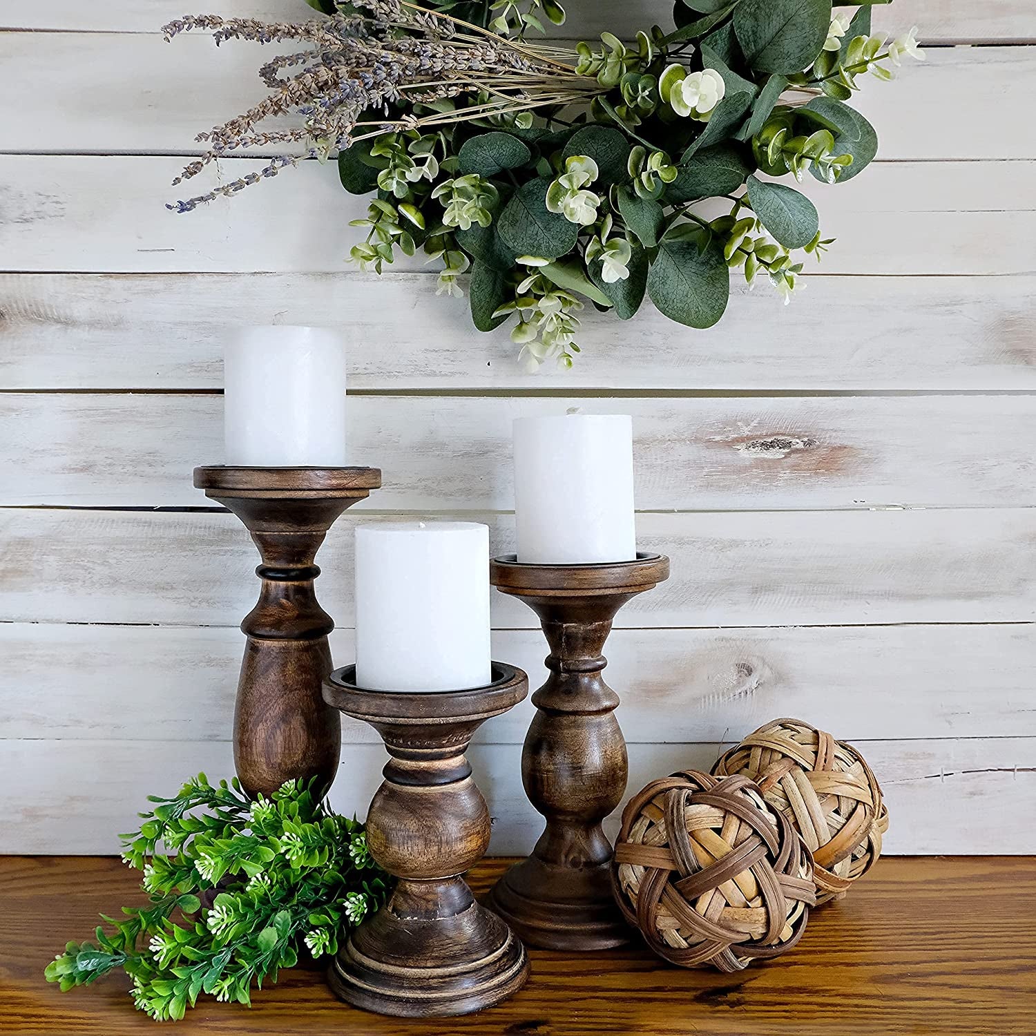 Tall Candle Holders for Pillar Candles, Rustic Candle Holders Table Centerpiece Accent, Pillar Candle Holder for Dining Table, Farmhouse Candle Holders, Wood Candle Holders for Mantel Black Dark Brown