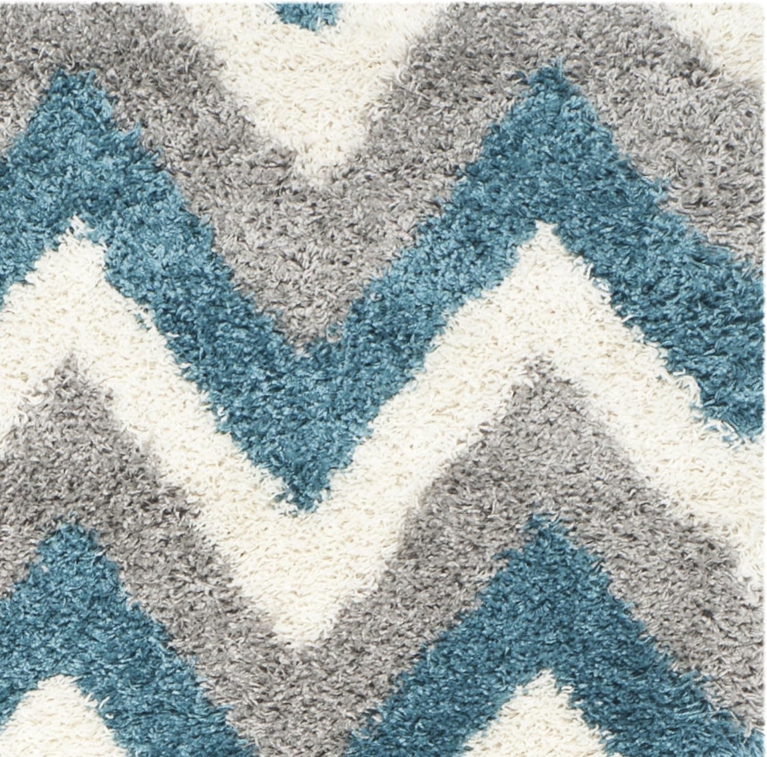 Kids Shag Collection Area Rug - 5'3" X 7'6", Ivory & Blue, Chevron Design, Non-Shedding & Easy Care, 2-Inch Thick Ideal for High Traffic Areas in Living Room, Bedroom (SGK568C)