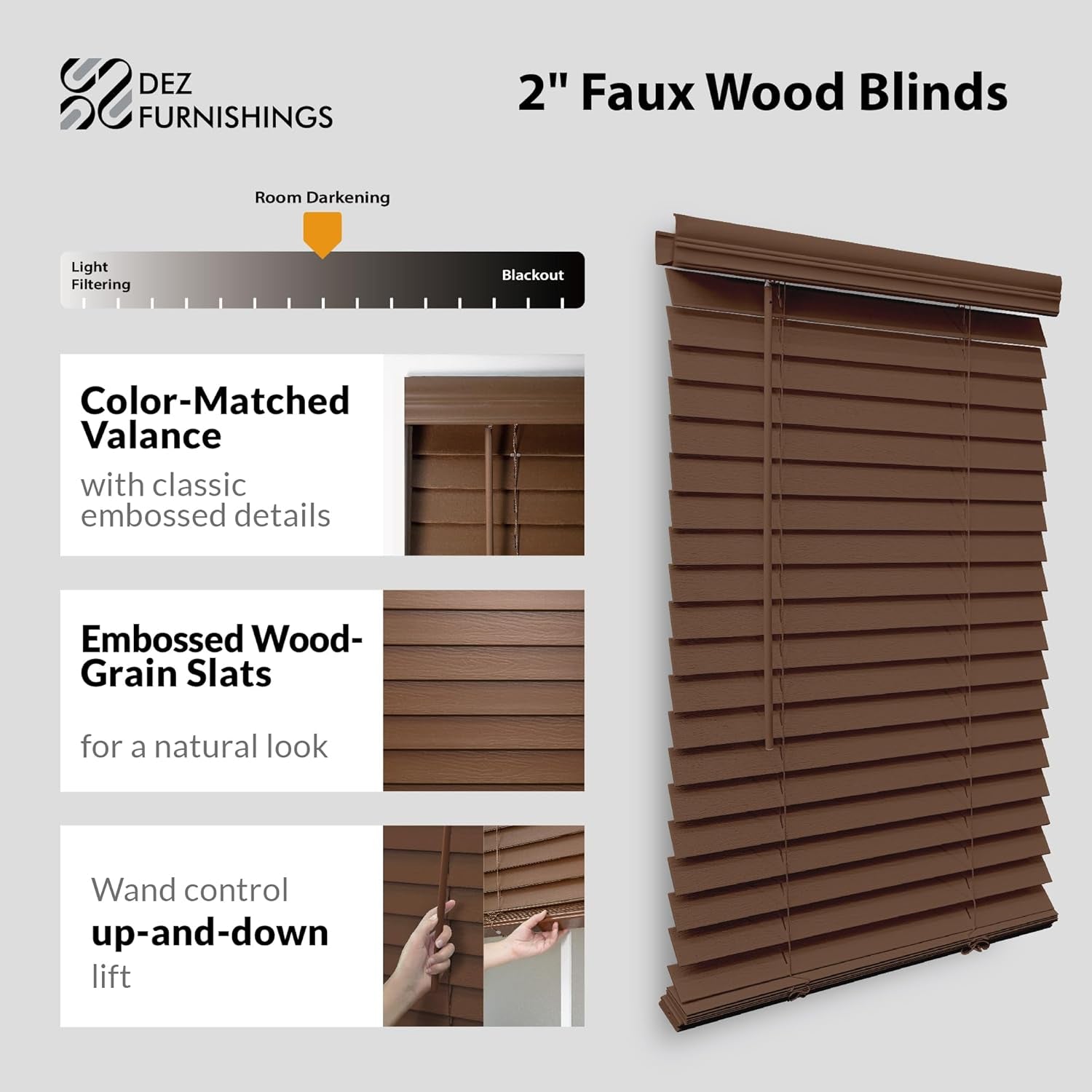 Cordless 2" Faux Wood Blind, 27" W X 48" H, Dark Oak