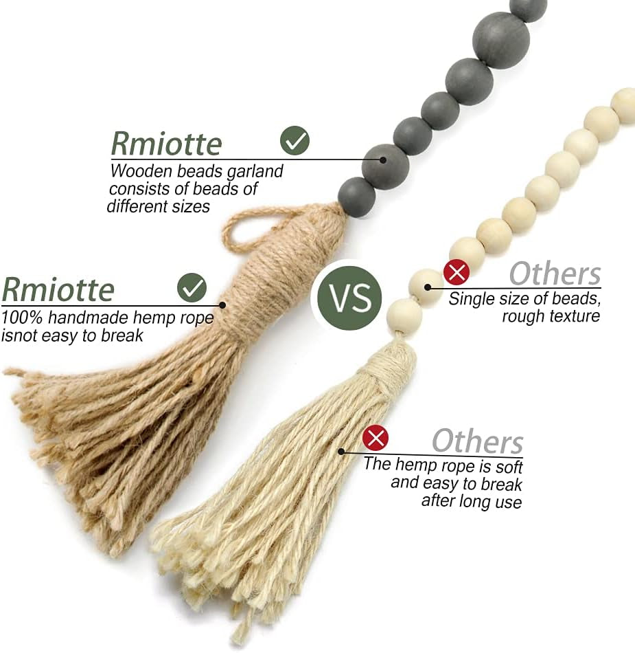 49.6In Wooden Beads Garland Decor Farmhouse Decor with Tassels，Boho Coffee Table Decor Natural Wood for Rustic Home Decor Wall Hanging Decor，Tiered Tray Decor(Gray)