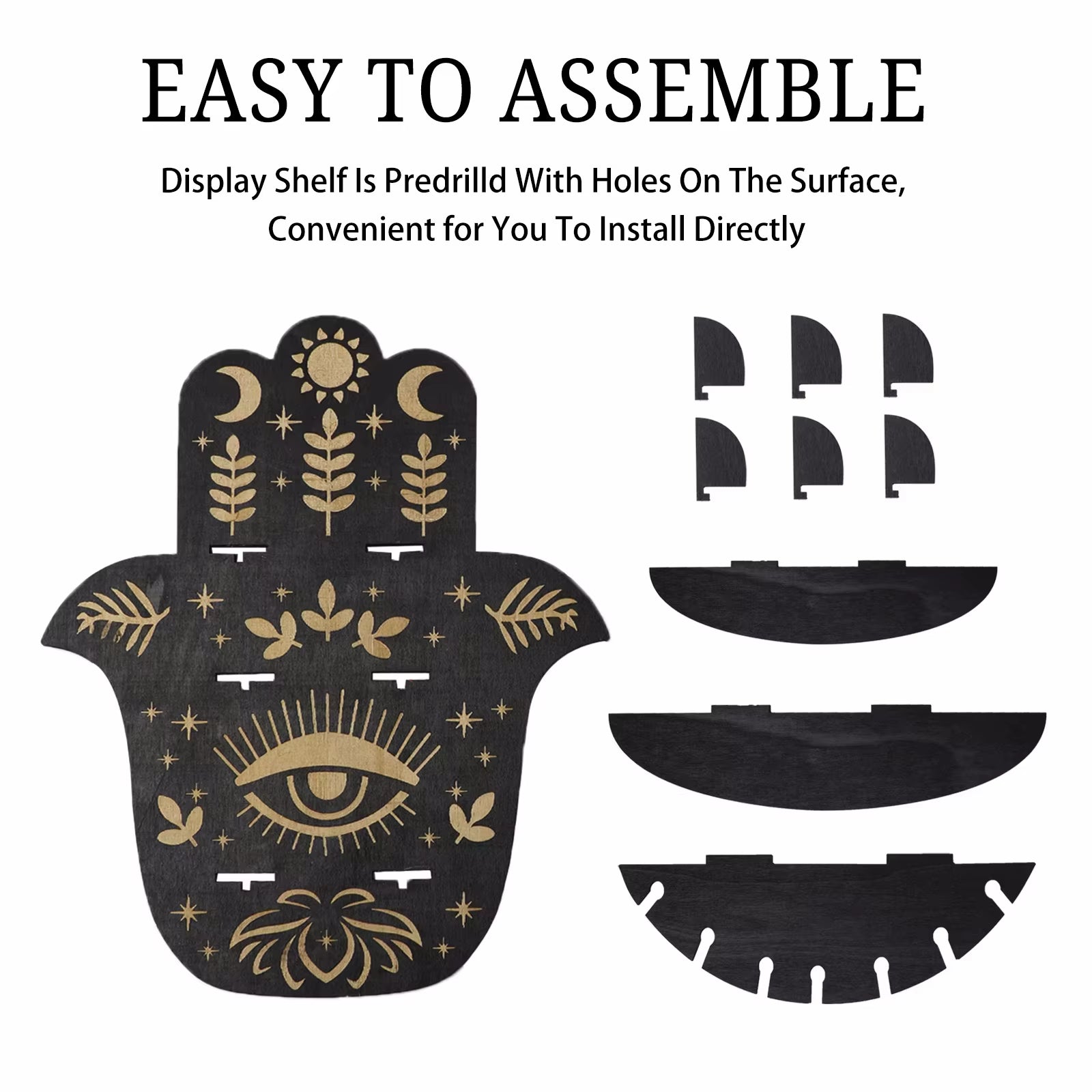 Black Wooden Wall Shelf Boho Hamsa Hand Shape Wall Decor Hanging Shelves Crystal Display Stand Ledge Evil Eye Gothic Home Decor
