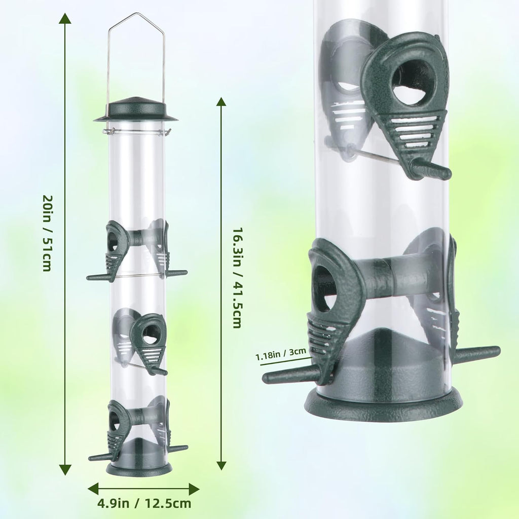 1PK Metal Bird Feeders with 6 Feeding Ports,Tube Bird Feeder with Steel Hanger,Hard Plastic Wild Bird Feeder for Outdoors Hanging, Attracting Birds in Your Lawn, Garden, Balcony–Green