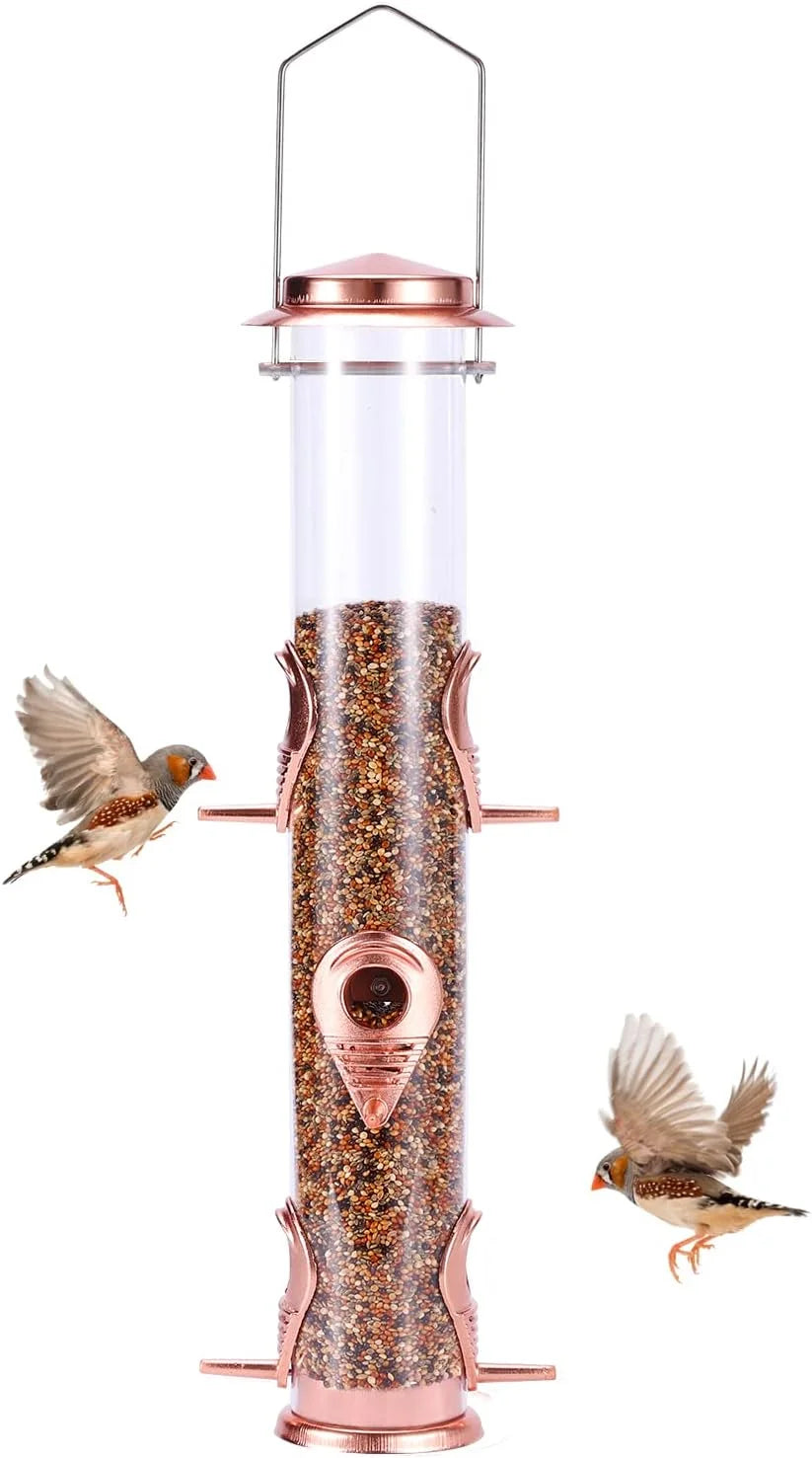 Wild Bird Feeders for Outdoors Hanging, Metal Tube Feeder, 6 Feeding Ports, Rosegold - 1 Pack