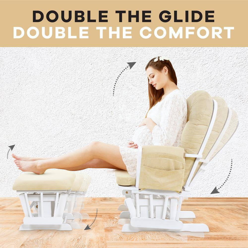 White/Cream Modern Glider Nursery Rocking Chair with Ottoman, Ideal for Breastfeeding and Reading