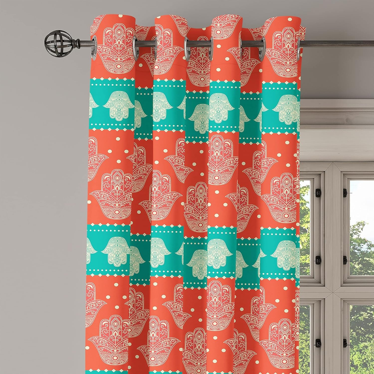Hamsa Grommet Curtain, Bohemian Style Inspirational Boho Hamsa Hand Illustration Pattern Mandala Art, Decorative 2-Panel Window Drapes for Bedroom Living Room, 50" X 54", Coral Teal