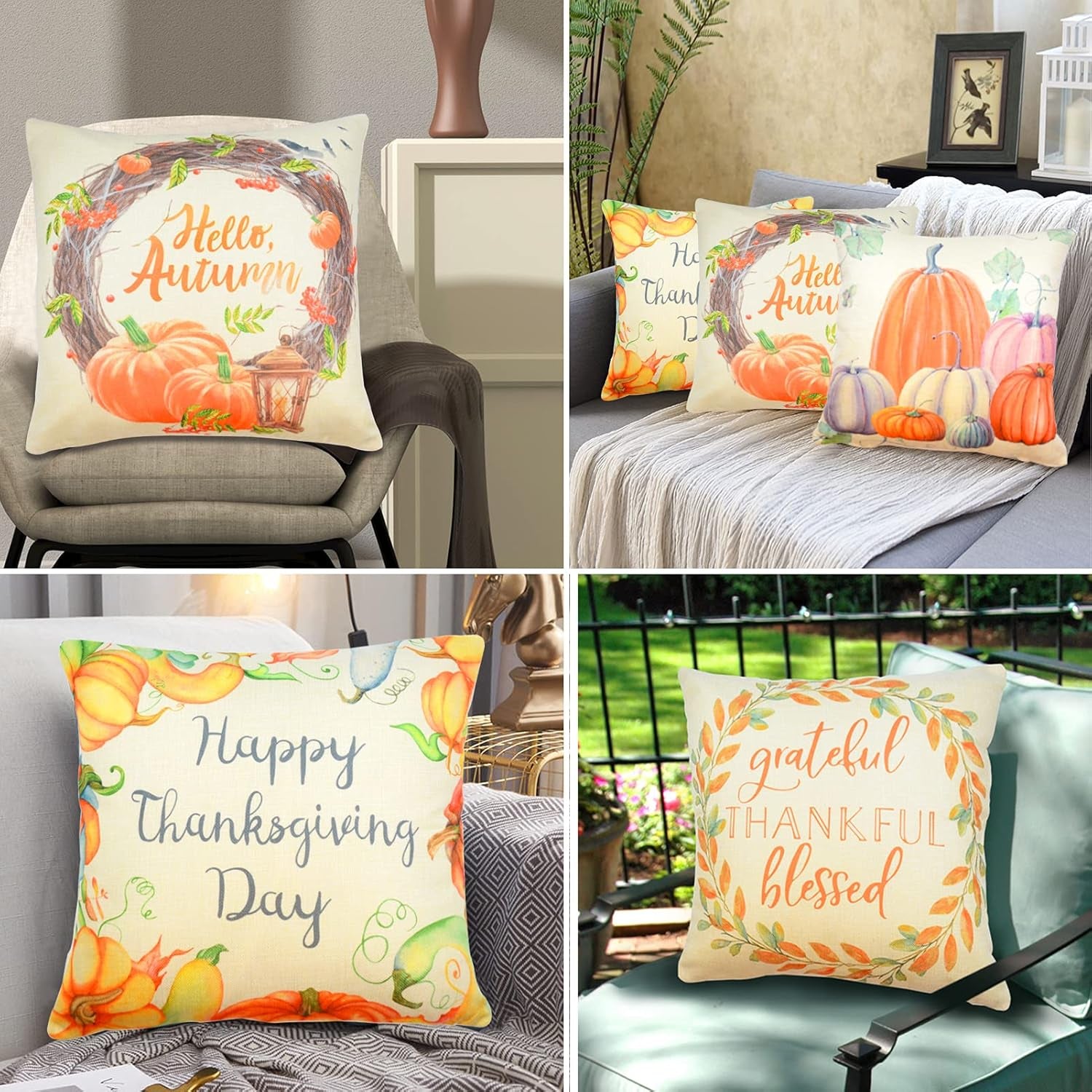Thanksgiving Throw Pillow Covers - Pumpkin Pillow Covers, Fall Accent Pillows for Thanksgiving Decorations(18 X 18, 4 Designs, 4 Pack)