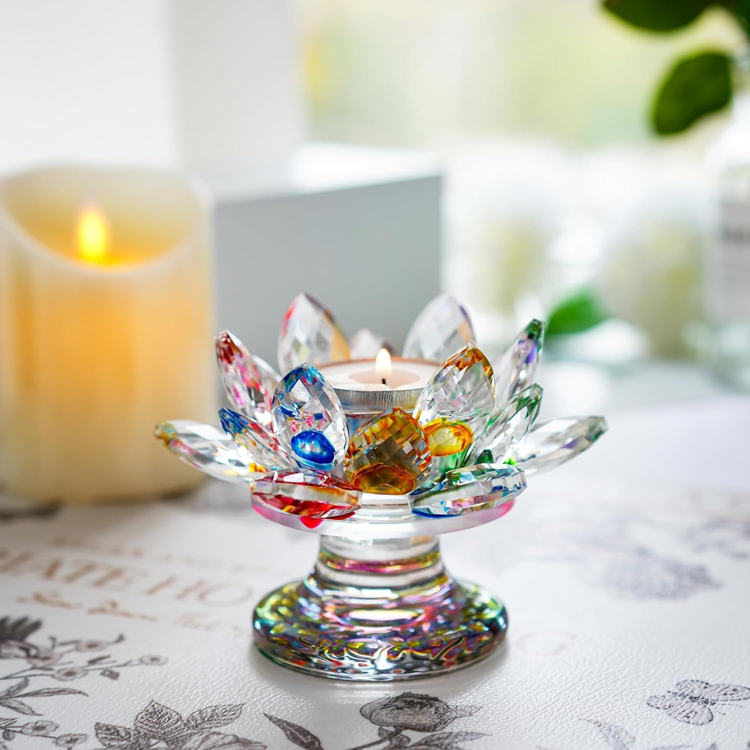 Colorful Crystal Lotus Flower Candle Holder Tealight Holders (4.5Inch-Multi)