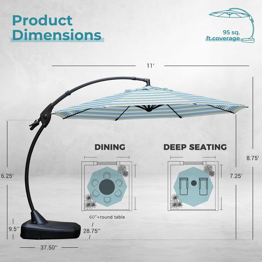 11 FT Cantilever Umbrella with Base Outdoor Large round Aluminum Offset Umbrella for Pool Garden Backyard (Stripes, 11 FT)