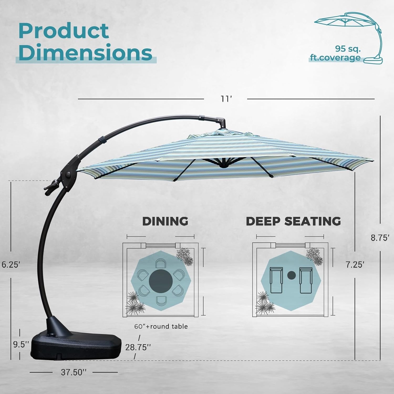 11 FT Cantilever Umbrella with Base Outdoor Large round Aluminum Offset Umbrella for Pool Garden Backyard (Stripes, 11 FT)