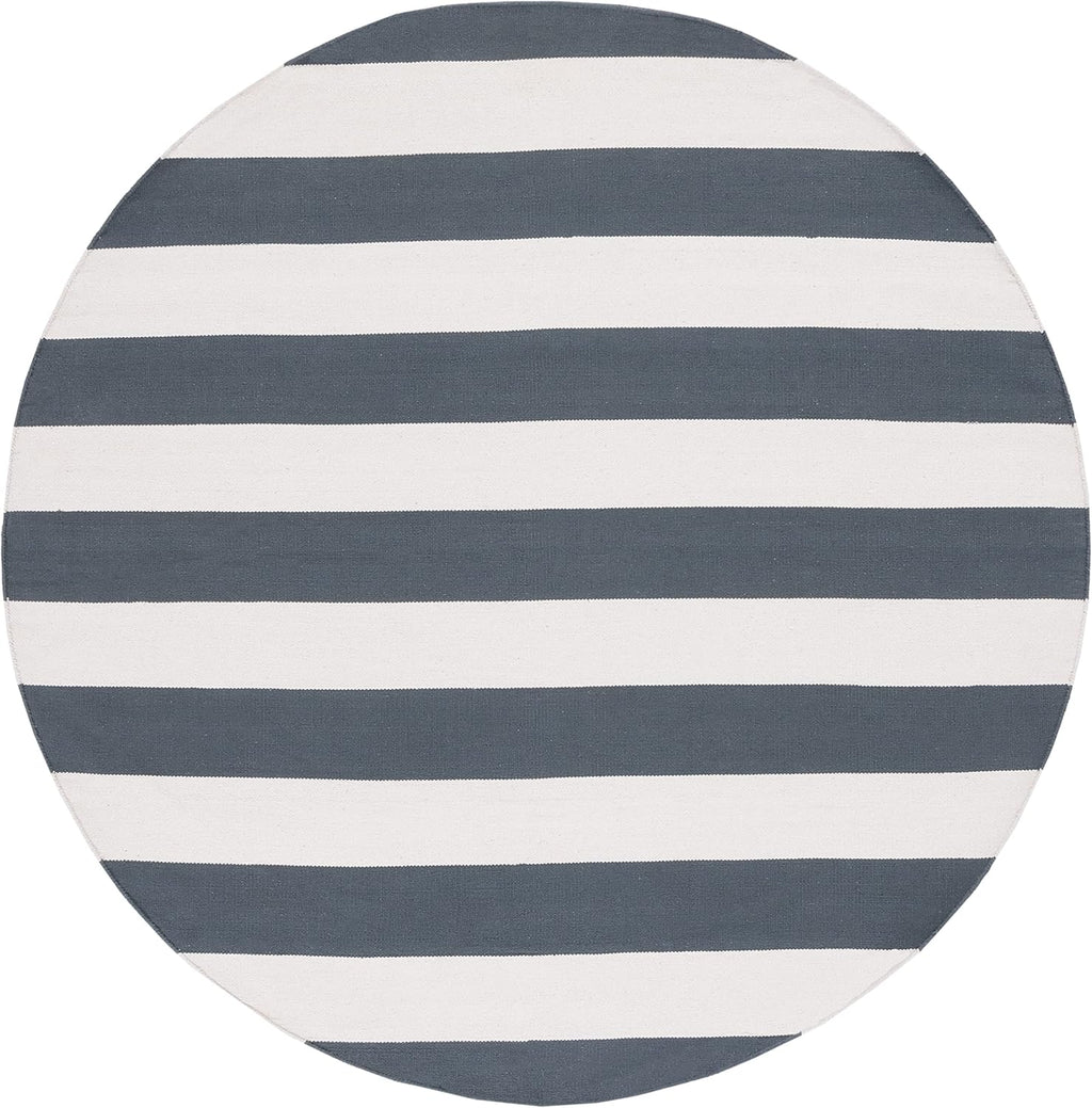 Montauk Collection Area Rug - 8' Round, Grey & Ivory, Handmade Flatweave Cotton, Woven Texture, Farmhouse Stripe Pattern, Ideal for Living Room, Bedroom, Dining Space (MTK712G)