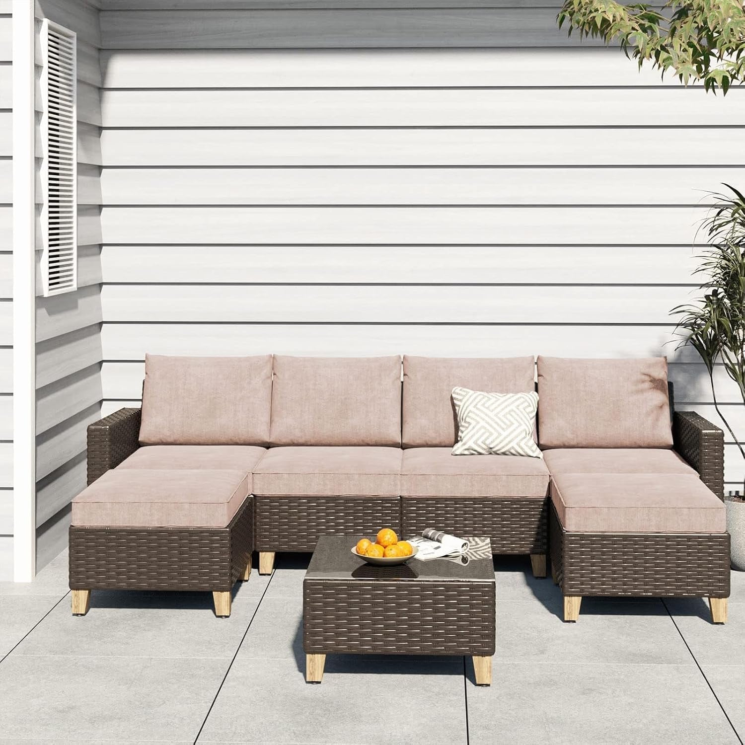 Sofa Sets Outdoor Furniture Sets, Wicker Patio Furniture 7-Piece Sectional Sofa with Thick Olefin Cushions for Yard Garden Porch for Six (Beige Sofa Set for Six, 7 PCS)