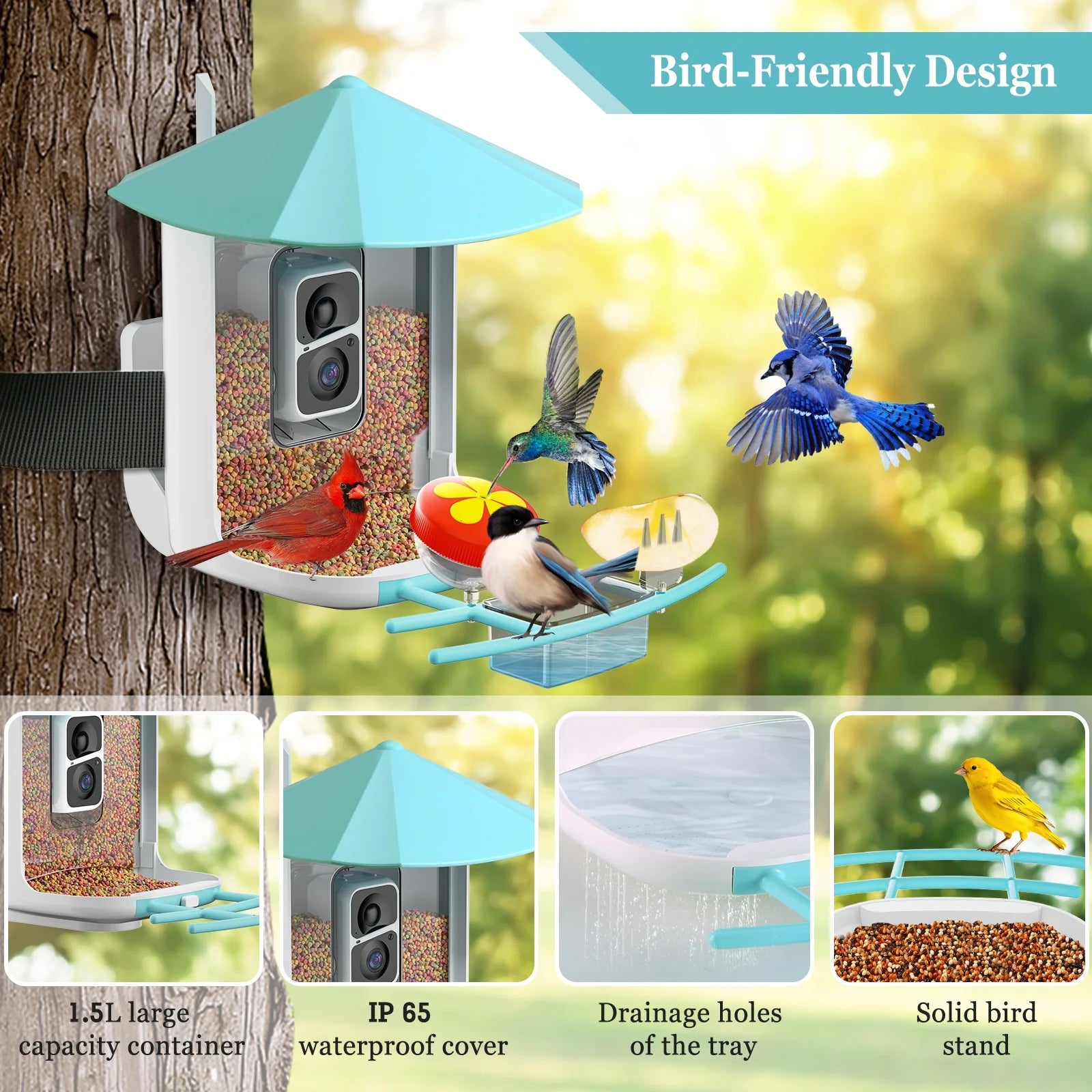 Smart Bird Feeder Camera, Outdoor Bird Watching Camera, Auto Capture Bird & Motion Detection, Gift for Bird Lover, Blue