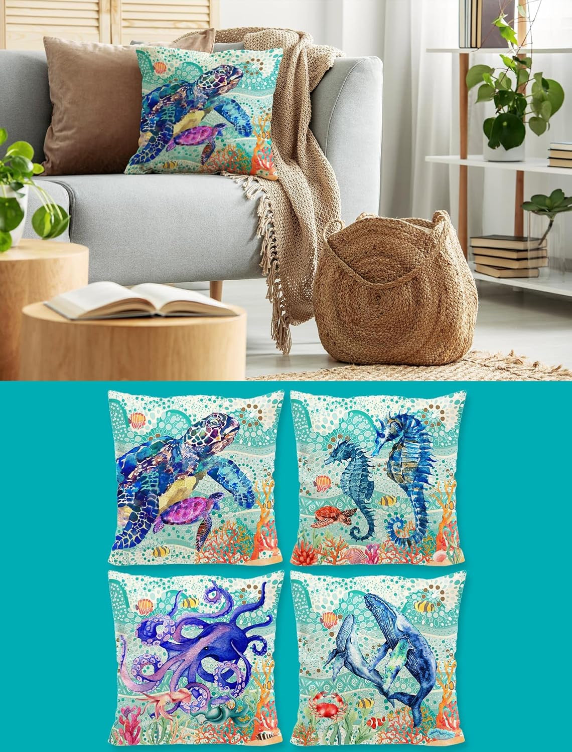 Ocean Theme Nautical Decorative Pillow Covers, Sea Turtle Octopus Seahorse Whale Decorative Throw Pillows 18X18, Sea Beach Coastal Mediterranean Cotton Linen Pillow Cases Home Decor for Sofa