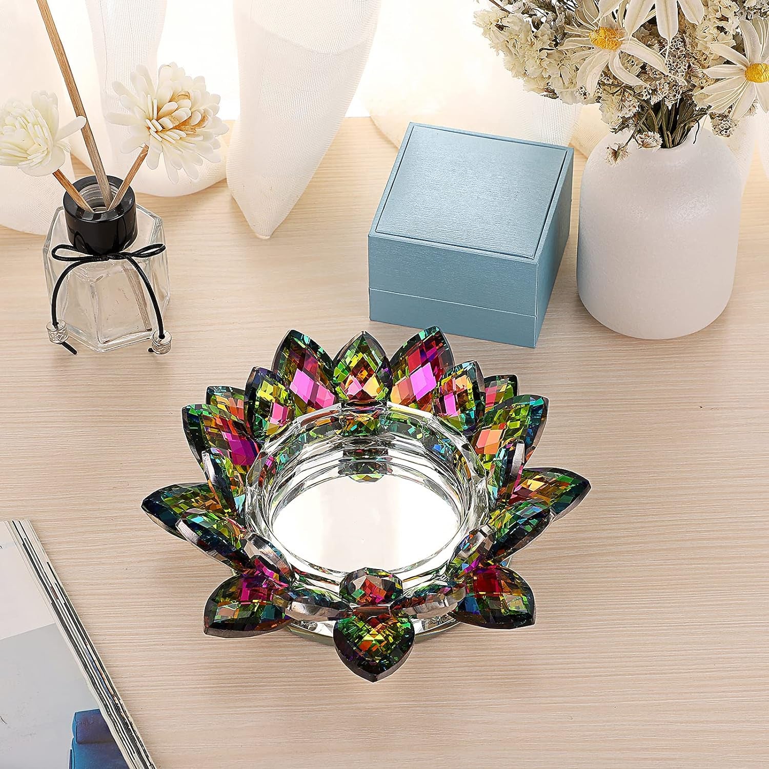 Crystal Lotus Flower Candle Holder for Pillar Candle up to 3", Decorative Glass Lotus Petal Votive Candle Holder Tea Light Holder Candle Stand Candle Lamps for Home Decor Wedding Party, Colorful