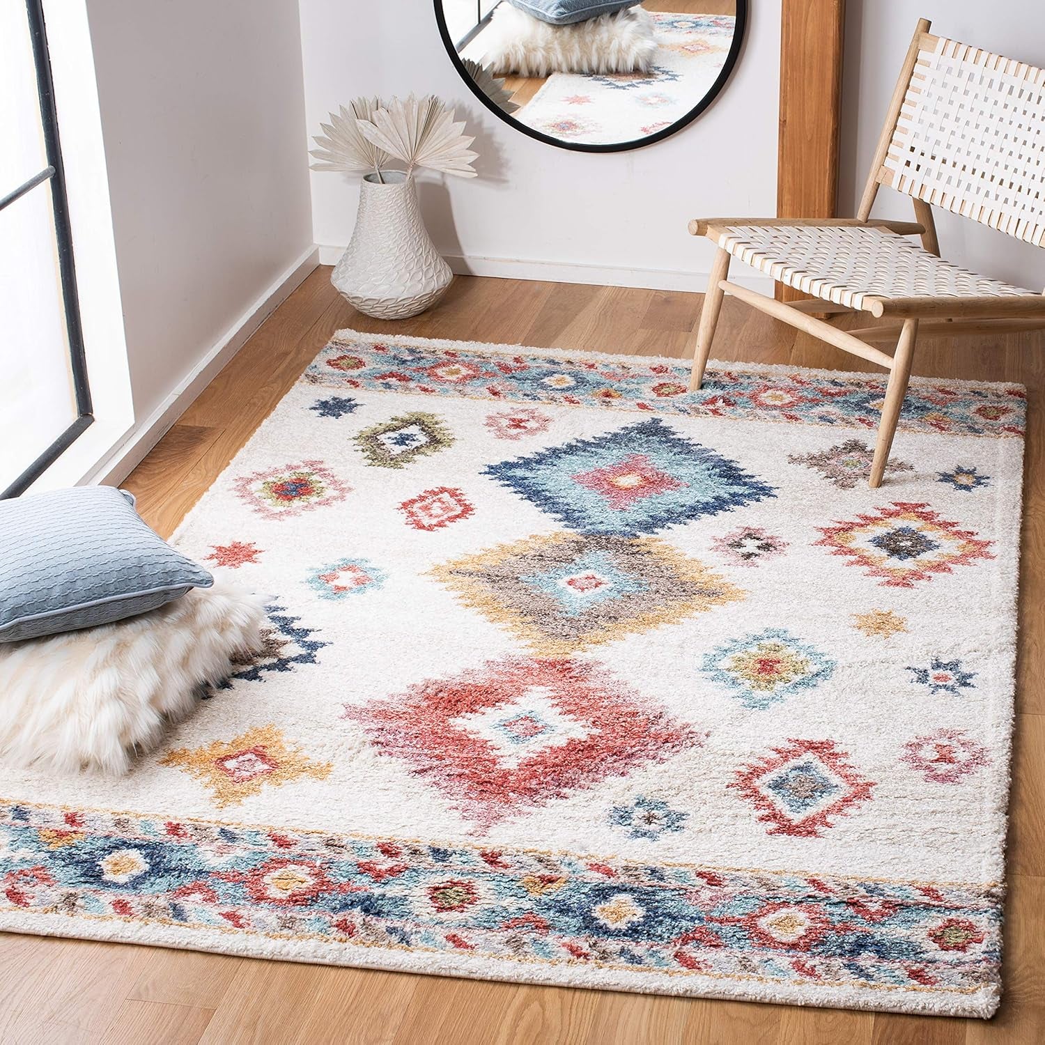 Calista Shag Collection Accent Rug - 4'5" X 6'5", Ivory & Blue, Boho Design, Non-Shedding & Easy Care, 1-Inch Thick Ideal for High Traffic Areas in Entryway, Living Room, Bedroom (CAL142A)